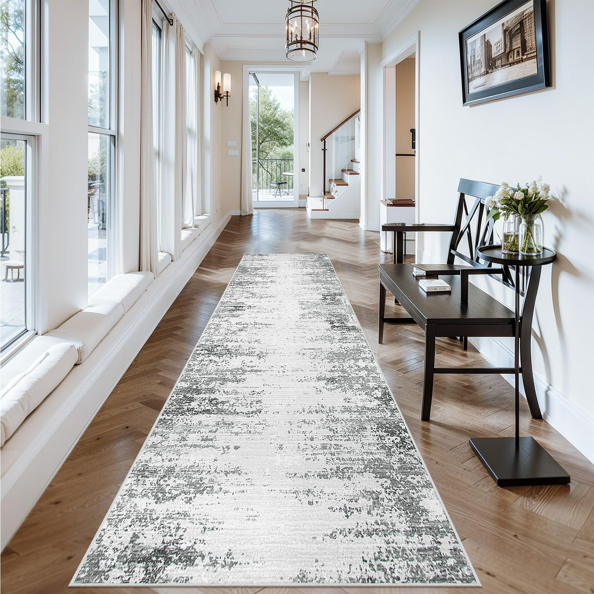Lahome Abstract Grey Long Runners for Hallways, Washable 2.5x10 Non-Skid Low-Pile Rug Runners for Hallways Non-Slip 10 ft Modern Ombre Indoor Floor Runner for Kitchen Entryway Lahome