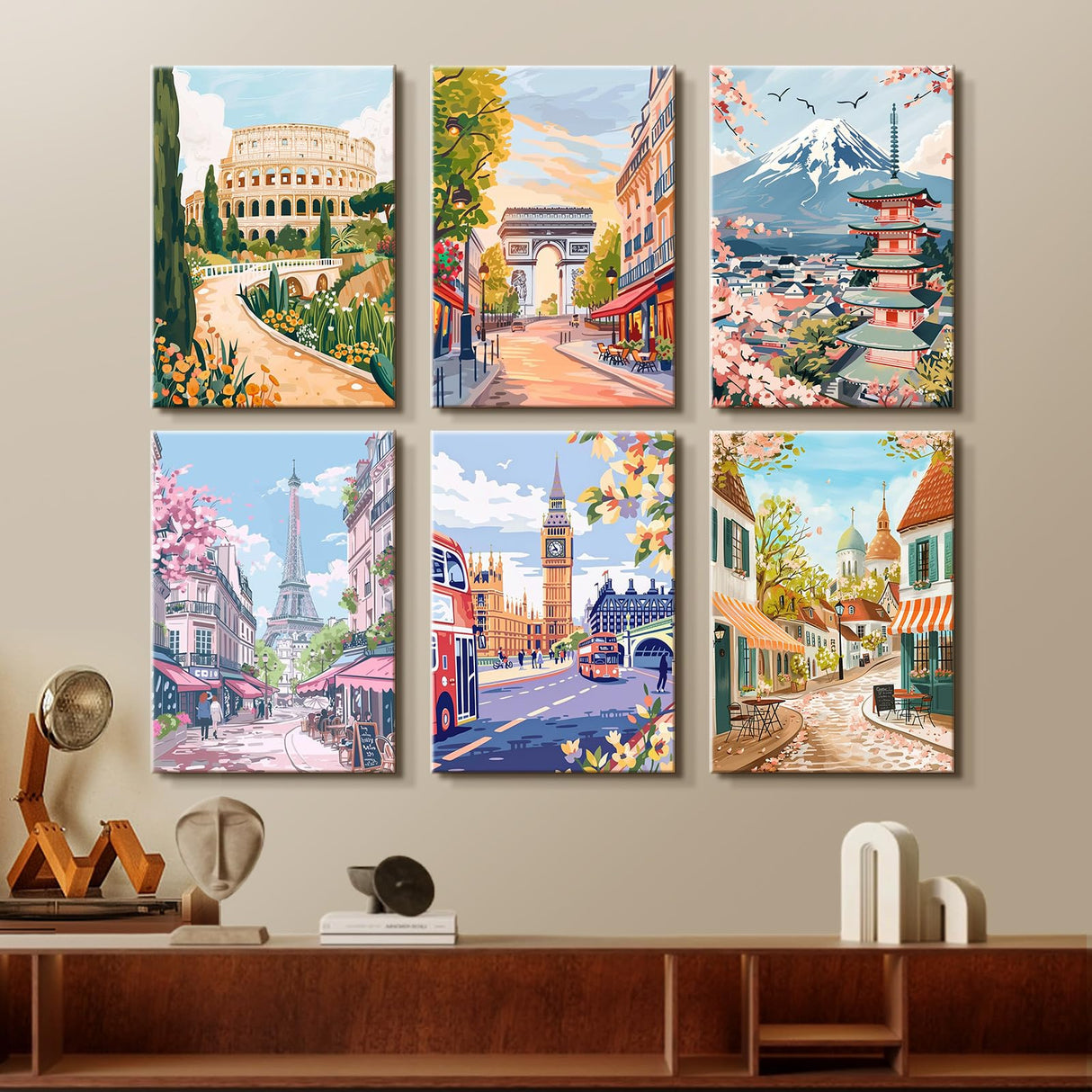 Amphol 6 Pack Paint by Numbers Kit for Adults, DIY City Landscape Paint by Numbers Kit for Beginner, Easy Painting by Number on Canvas with Brushes, Acrylic Paint, Great Gift Home Decor - 10”x14” Amphol