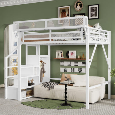 Mirightone Full Size Loft Bed with Stairs and Storage, Metal Loft Bed Frame with Bedside Shelf and Large Under-Bed Space, Heavy-Duty Loft Beds for Adults Teens and Kids, White