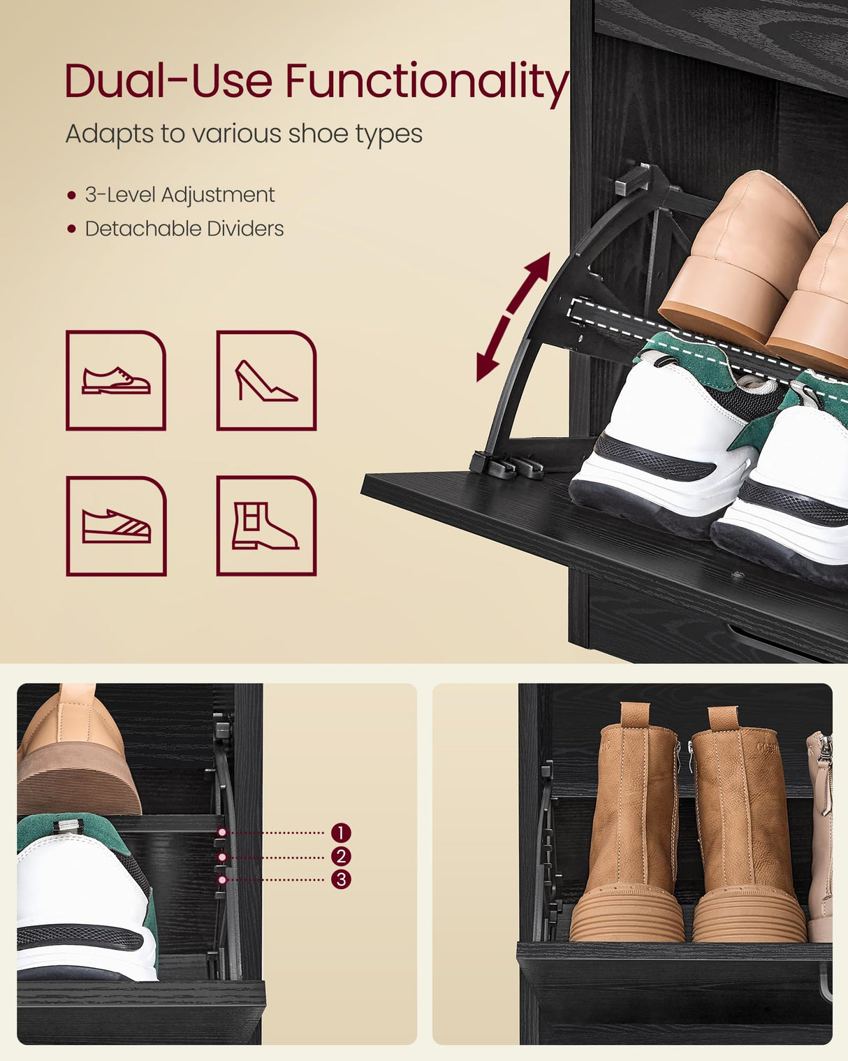 VASAGLE Shoe Cabinet with 4 Flip Doors, Storage Cabinet for 16-28 Pairs of Shoes, Adjustable Dividers, for Entryway, 9.4 x 41.5 x 32.6 Inches, Ebony Black ULBC035B01 VASAGLE