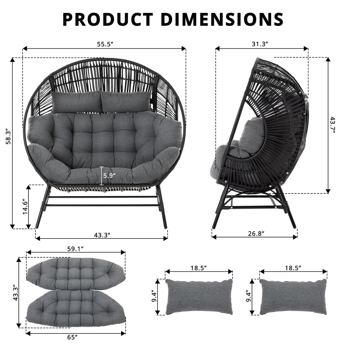 IRONCK 2 Person Egg Chair Outdoor Indoor, Oversized Double Wicker Lounge Chair, Thickened Padded Cushions and Headrests, 680Lbs Egg Loveseat for Patio, Balcony, Living Room, Porch, Gray IRONCK