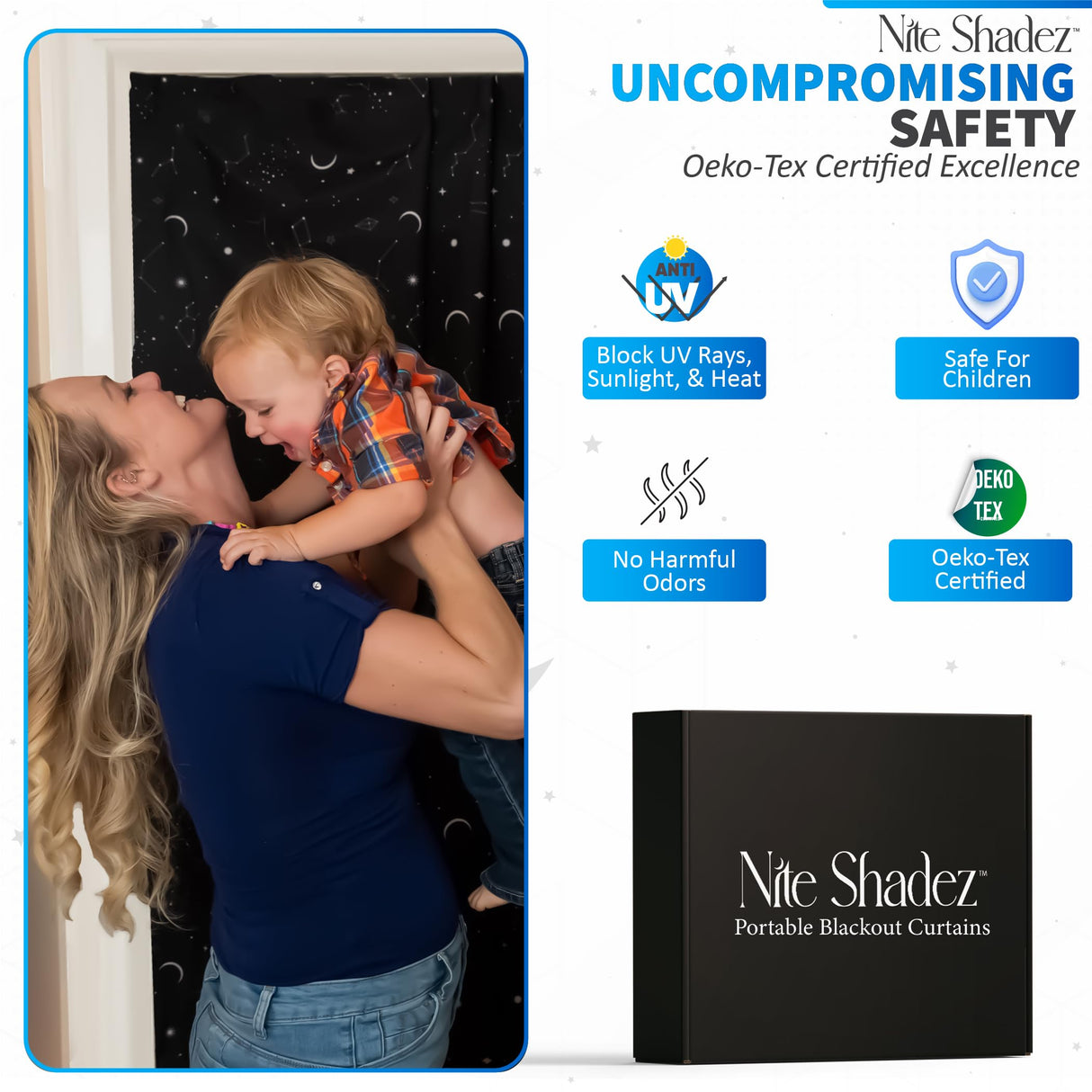 Portable Blackout Curtains (60" x 80") - Travel Blackout Curtains for Baby Nursery w/Stars - Portable Blackout Shades w/UV & Thermal Protection - 20 Stick on Suctions & Velcro Blackout Window Cover Nite Shadez