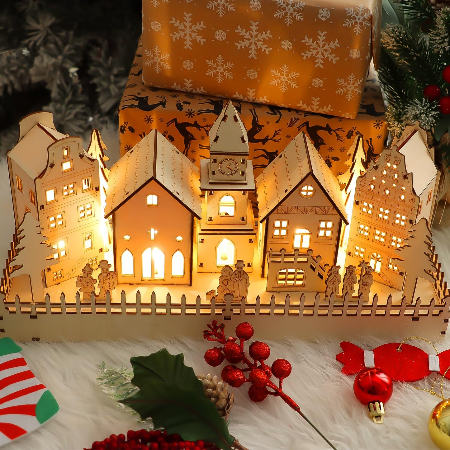 CCINEE Pre-Lit Christmas Village House LED Wooden Christmas Scene House with Lights Battery Operated Luminous Farmhouse Christmas Desktop Decoration for Xmas Party Tabletop Mantle Decor