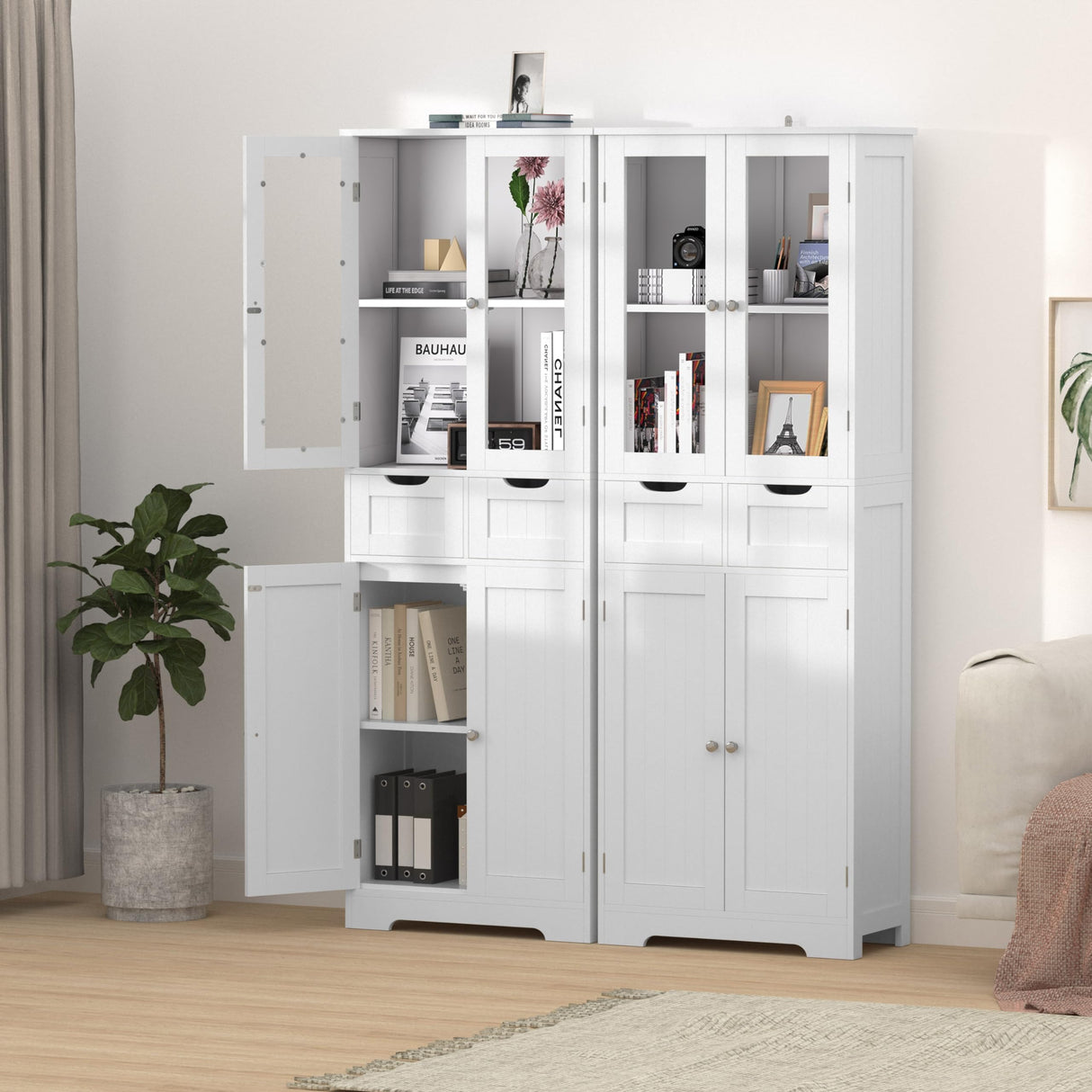 67" Tall White Bathroom Cabinet Bathroom Cabinet Storage Cabinet, Freestanding Storage Cabinet With Glass Door and Adjustable Shelves, Linen Bathroom Cabinet for Living Room, Kitchen, Dining, White TOLEAD