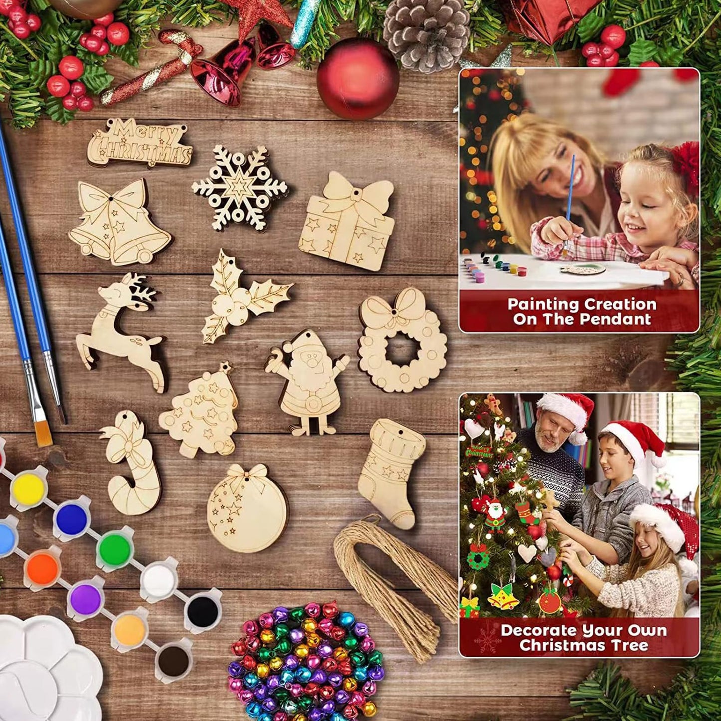 YUANDJO 60PCS Christmas Crafts for Kids, Wooden Christmas Ornaments Unfinished Wood Slices with 12 Styles, DIY Christmas Ornaments Painting Kit for Kids Decoration Tree (Christmas 60 Pcs)