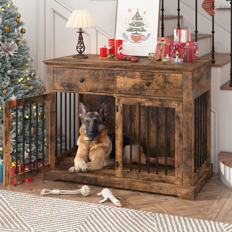 PRETZI Dog Crate Furniture, 44 Inch Wooden Dog Kennel Indoor with 2 Storage Drawers, Heavy Duty Large Dog Crate Furniture, Rustic Style Decorative End Table Dog Cage for Small/Medium/Large (Brown) PRETZI