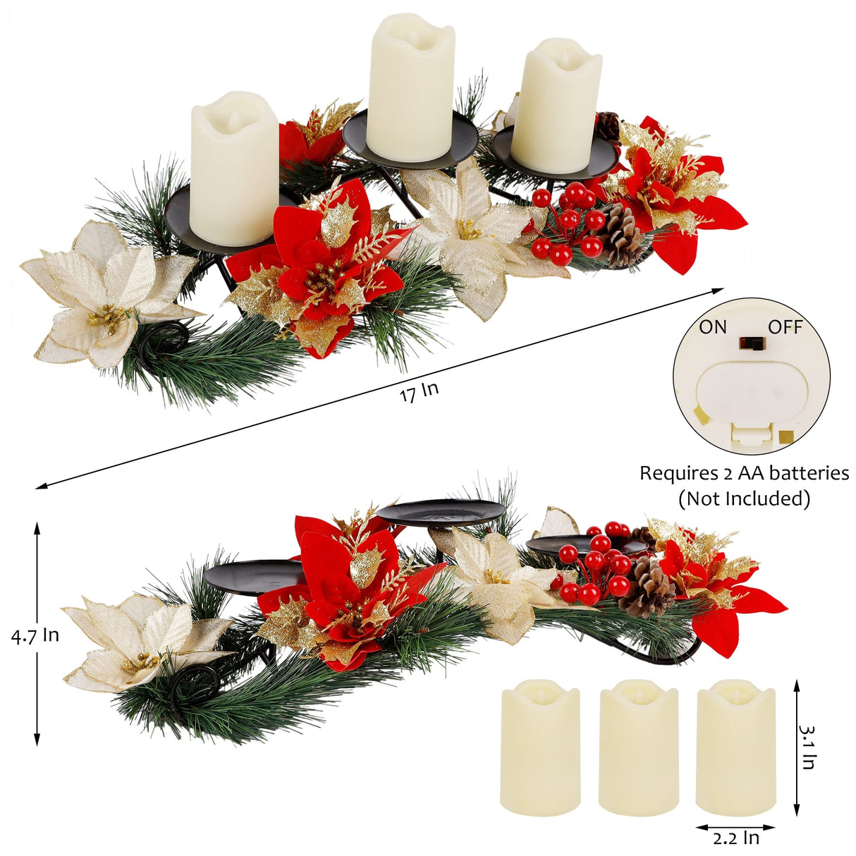 FORUP Christmas Centerpiece, Christmas Candle Holders, Christmas Tabletop Poinsettia Centerpiece with 3 Flameless Candle, Romantic Holiday Candelabrum for Home Party Christmas Table Mantel Decorations FORUP