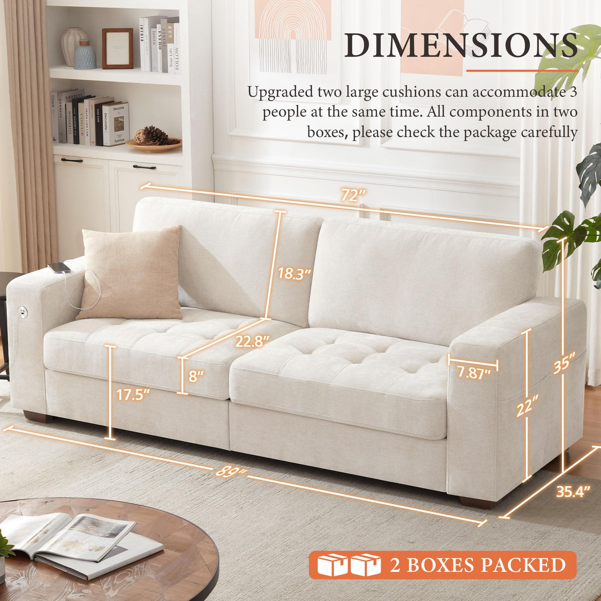 Ihanherry 89" Modern Sofa 3-Seats Couches for Living Room, Chenille Sofas with Extra Large Seat Width & Depth, USB/Type-C Charging Port & Side Pocket, Removable Medium Firm Sofa Cushion(Beige) Ihanherry