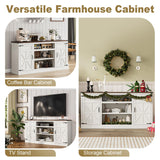 XVD 66" Farmhouse Coffee Bar with Charging Station, Sideboard Buffet with Large Storage, Wood Storage Cabinet with Adjustable Shelves for Kitchen, Living Room, Rustic White XVD