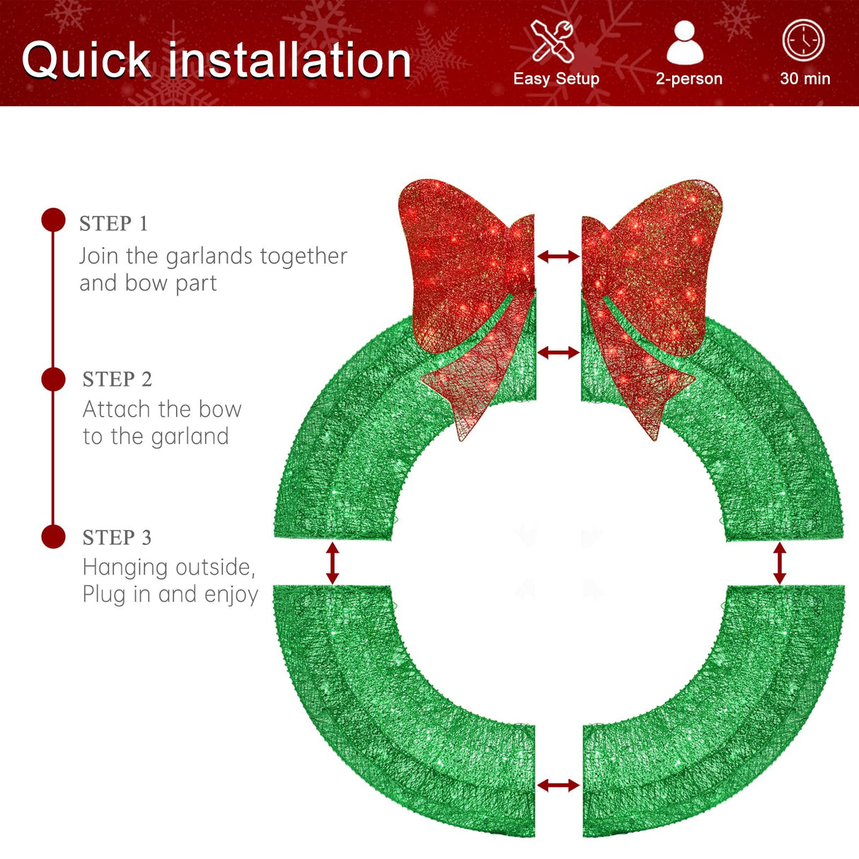 48Inch 4FT Large Christmas Wreath - Outdoor Christmas Wreaths with LED Lights,Extension Cable, Xmas Decorations for Door Outdoor Indoor Wall Home - Green HOYECHI