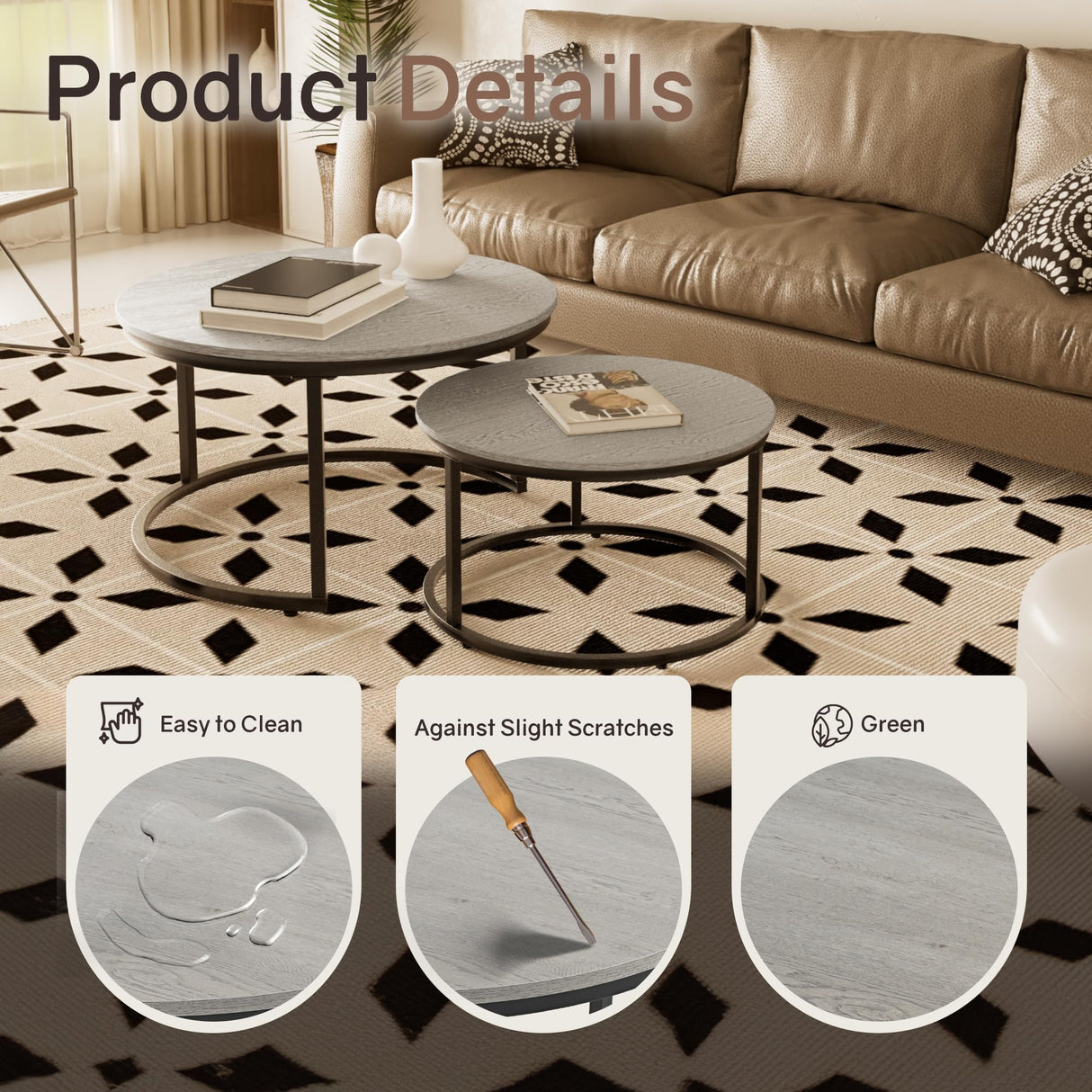 Otterease Nesting Tables Set of 2, 31.5" Round Coffee Table, Small Nesting Coffee Table with Adjustable Non-Slip Fee, Wood Grain Top Nesting Tables for Living Room, Bedroom (Wood Grain Grey) Otterease