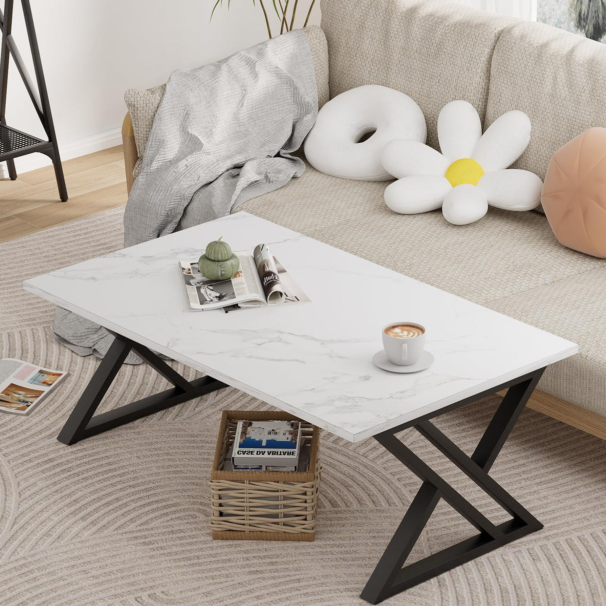 Wolawu Coffee Table White Living Room Center Table, Simple Modern Faux Marble Rectangular Tea Table with Sturdy Black Metal Frame,Industrial Wooden Coffee Table for Bedroom Home Office Wolawu