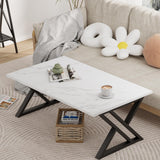 Wolawu Coffee Table White Living Room Center Table, Simple Modern Faux Marble Rectangular Tea Table with Sturdy Black Metal Frame,Industrial Wooden Coffee Table for Bedroom Home Office Wolawu
