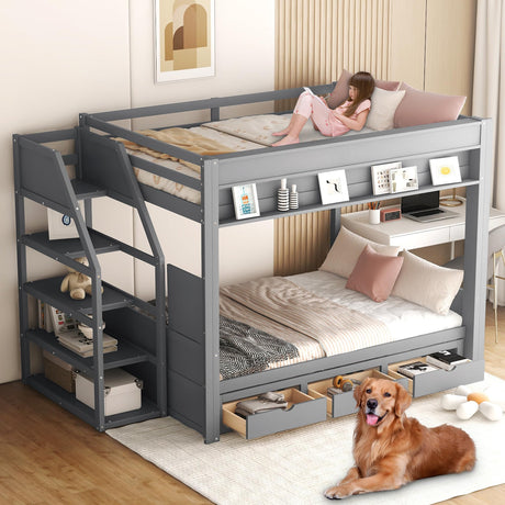 Full Over Full/Futon Bunk Bed with Storage Movable Stairs, Wood Bunkbed Full Size with 3 Drawers Convertible Couch Bed, Multi-functional Full Bed Frame for Kids Teens, No Box Spring Needed (Gray) CAPCAEK