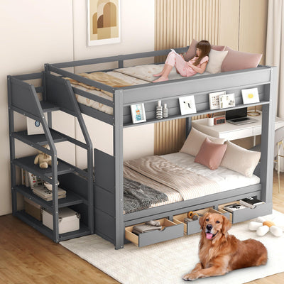 Full Over Full/Futon Bunk Bed with Storage Movable Stairs, Wood Bunkbed Full Size with 3 Drawers Convertible Couch Bed, Multi-functional Full Bed Frame for Kids Teens, No Box Spring Needed (Gray)