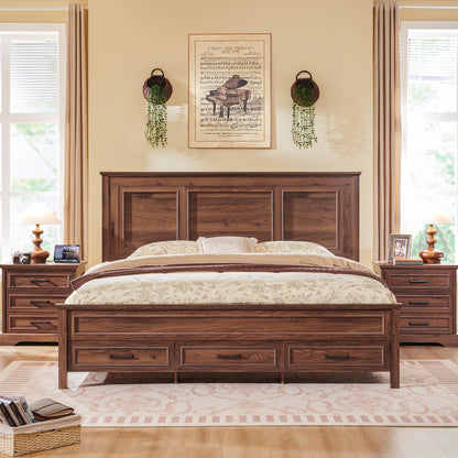 ACCOHOHO Rustic King Size Bed Frame with 52" Tall Headboard and Storage Drawers in Antique Brown - WoodArtSupply