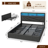 Driftalia LED King Size Bed Frame with 4 Storage Drawers, Upholstered King Bed Frame with 2-Tier Headboard and Charging Station, No Box Spring Needed, Easy to Assembly - Dark Grey Driftalia