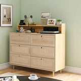 UNDUSLUY 6 Drawer Rattan Double Dresser for Bedroom with Shelves, Wood Chest of Dressers, Modern Dresser Chest with Charging Station for Closet, Living Room and Entryway, Natural UNDUSLUY