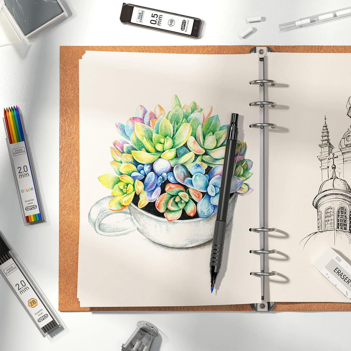 Four Candies Metal Mechanical Pencil Set, 3PCS Art Drafting Pencils 0.5, 0.7, 0.9MM & 2PCS 2MM Mechanical Drawing Pencils with 420PCS Leads (4B 2B HB 2H Color) for Writing Sketching Drawing (Black) Four Candies