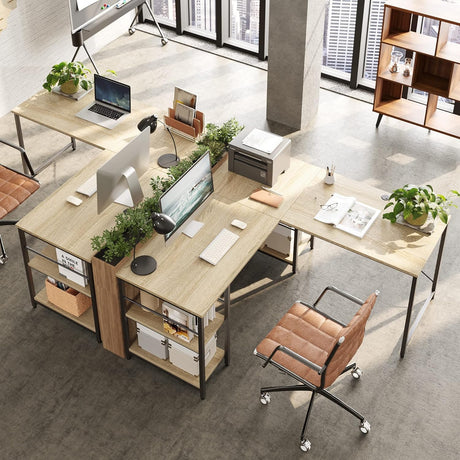 Bestier 95.2” L Shaped Desk, Reversible Corner Computer Desk or 2 Person Long Table with Adjustable Shelves, Large Writing Study Workstation with 3 Cable Holes - Oak Bestier