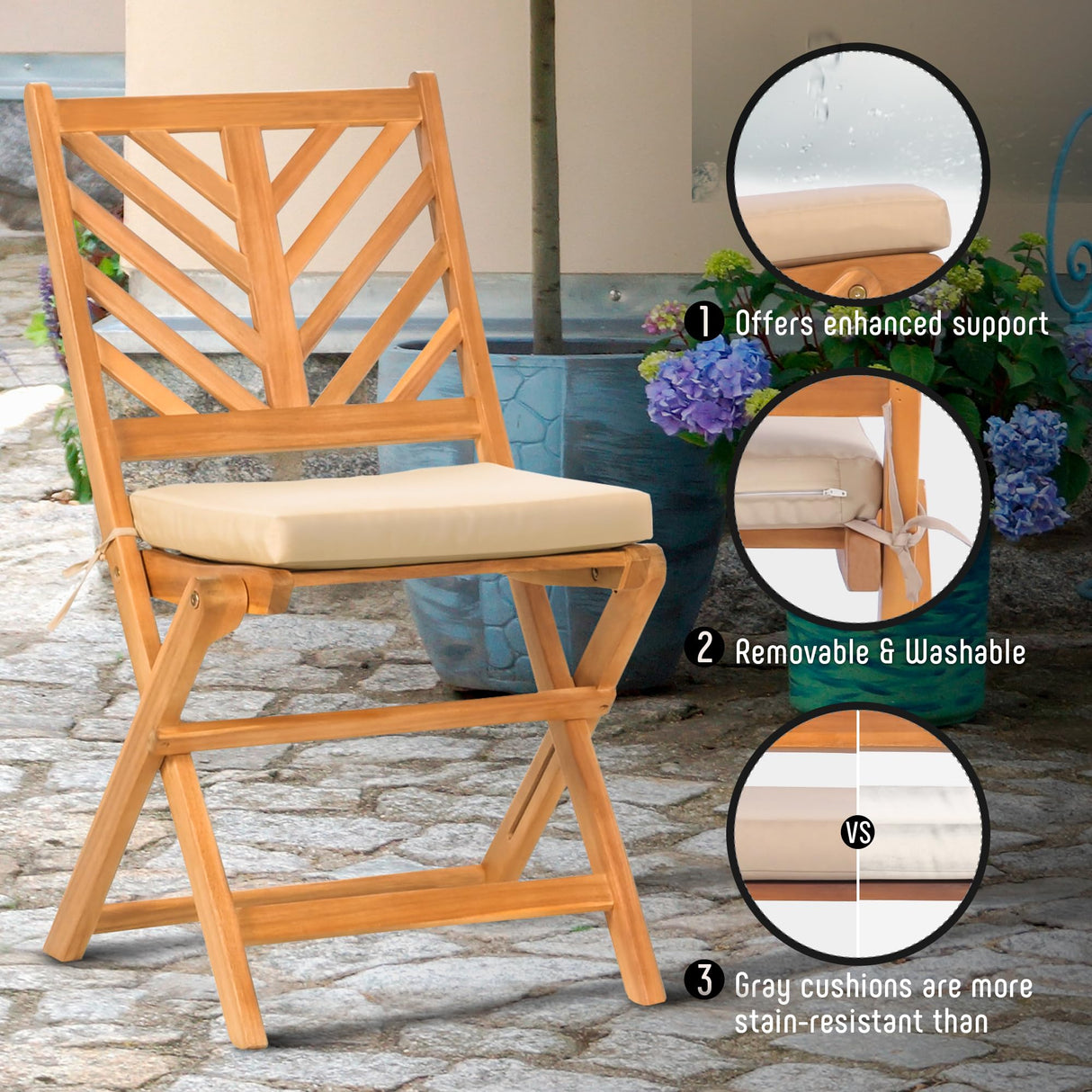Werph 3-Piece Acacia Wood Patio Set, Foldable Bistro Table and Chairs Set of 2,Small Patio Furniture Set with Cushions,Folding Balcony Chairs Table Set for Apartment, Balcony, Deck or Porch Werph