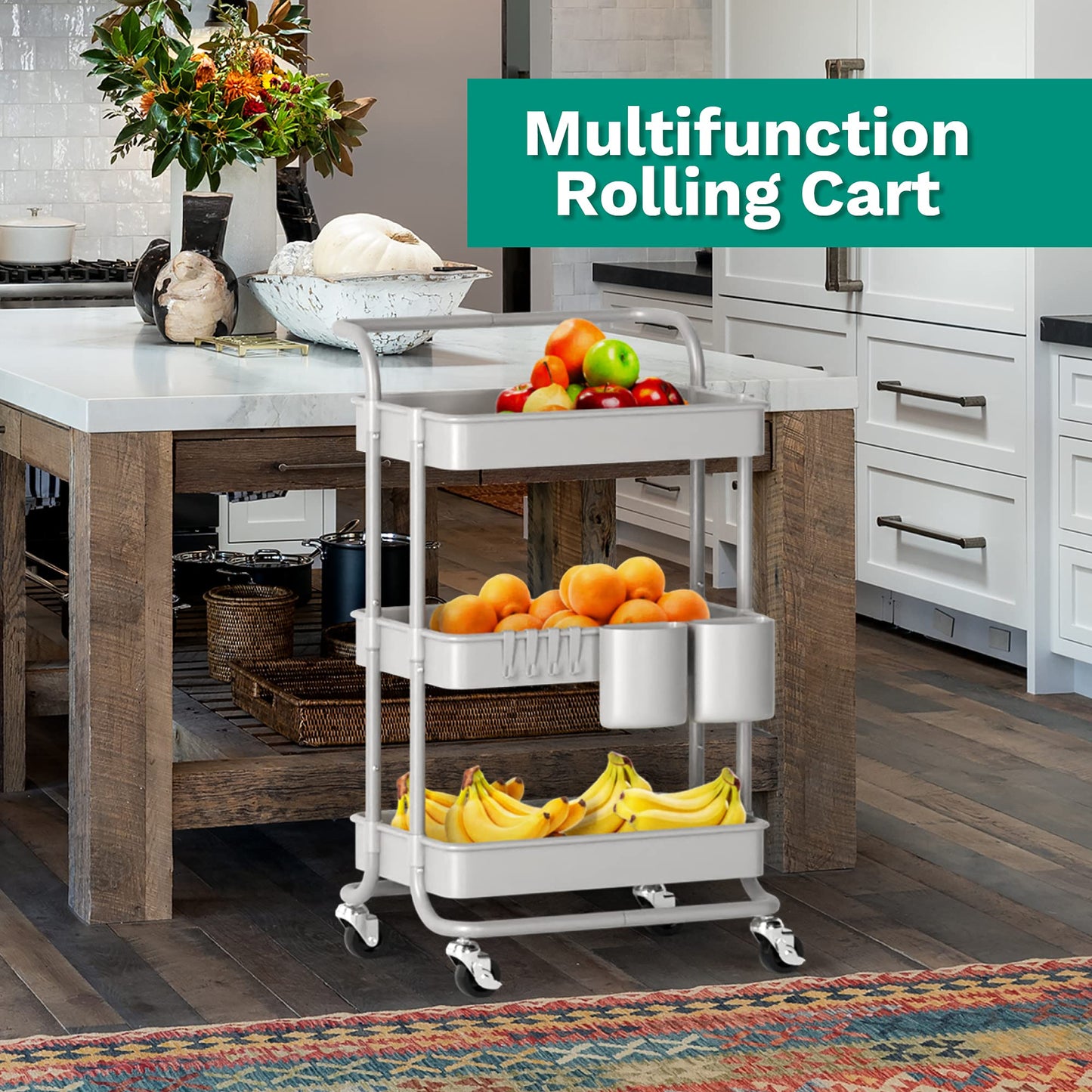 3 Tier Rolling Cart, with Table Top, Rolling Storage Cart with Handles and Locking Wheels, Utility Cart with 2 Small Baskets and 4 Hooks for Bathroom. Office, Balcony, Living Room (Grey)