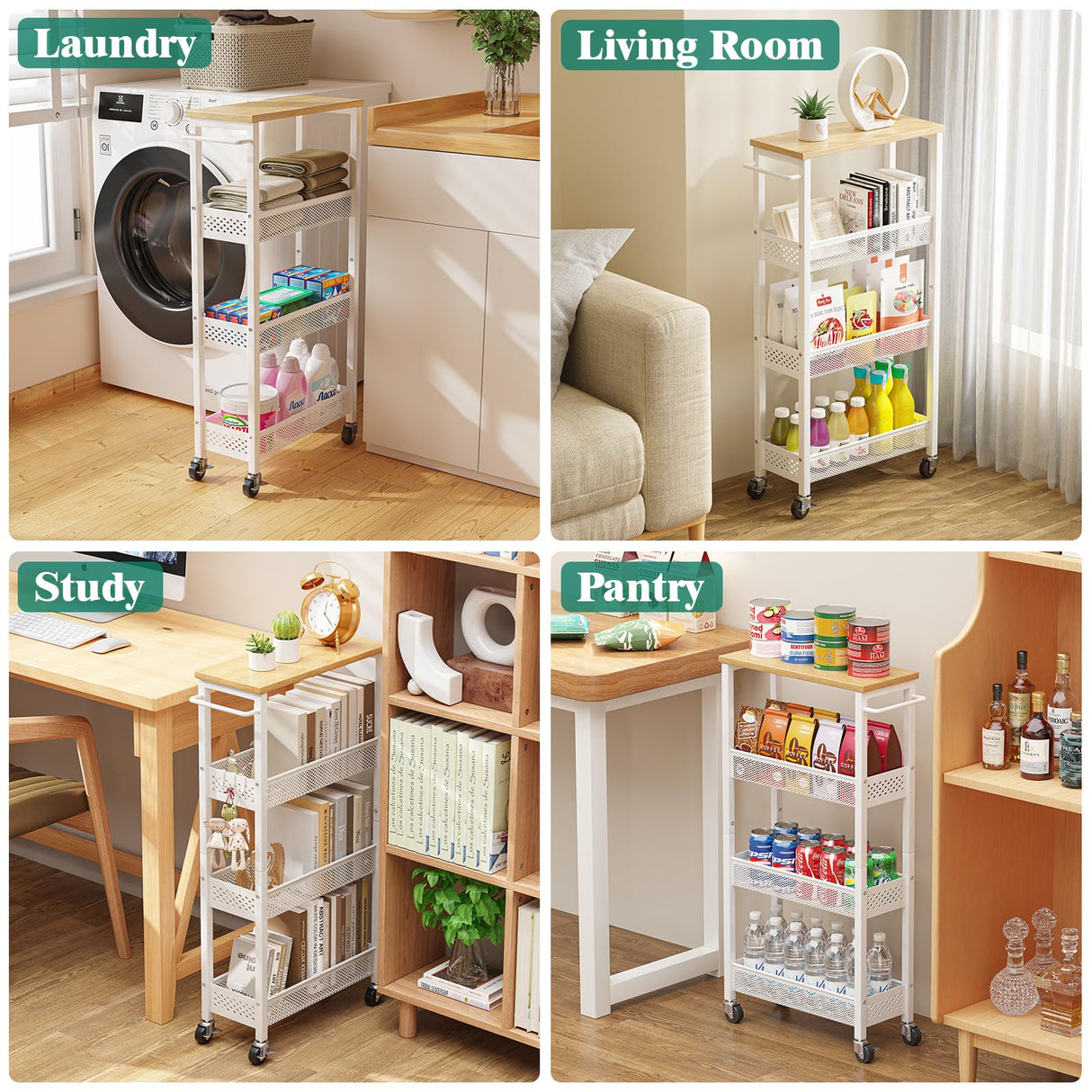 Giwil Slim Rolling Storage Cart 4 Tier Bathroom Organizer Mobile Shelving Unit Utility Cart with Wood Top and Handle for Kitchen Laundry Narrow Places, White Giwil