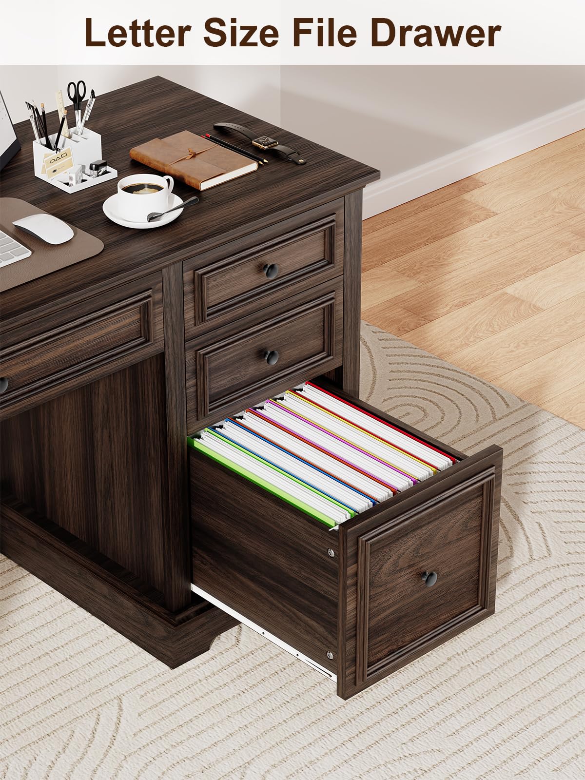 Vipbear 60" Farmhouse Executive Office Desk with Drawers and File Cabinet, Embossed Texture Wood Home Office Desk, Rustic Computer Desk, Workspace for Work Study Writing, Dark Brown Vipbear