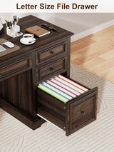 Vipbear 60" Farmhouse Executive Office Desk with Drawers and File Cabinet, Embossed Texture Wood Home Office Desk, Rustic Computer Desk, Workspace for Work Study Writing, Dark Brown Vipbear