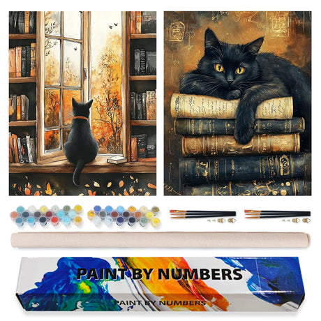2 Pack Paint by Numbers Kit for Adults Beginner, Black Cat Adult Paint by Number Kits on Canvas, DIY Acrylic Vintage Books Number Painting for Adults for Home Decor Gift 16x20 Inch Possoco