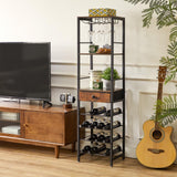 IBUYKE Wine Rack Freestanding Floor, Bar Cabinet for Liquor and Glasses,4-Tier Wood Coffee Bar Cabinet,Glass Holder and Storage Drawer for Home Bar Kitchen Living Room,Rustic Brown UTMJ905H IBUYKE