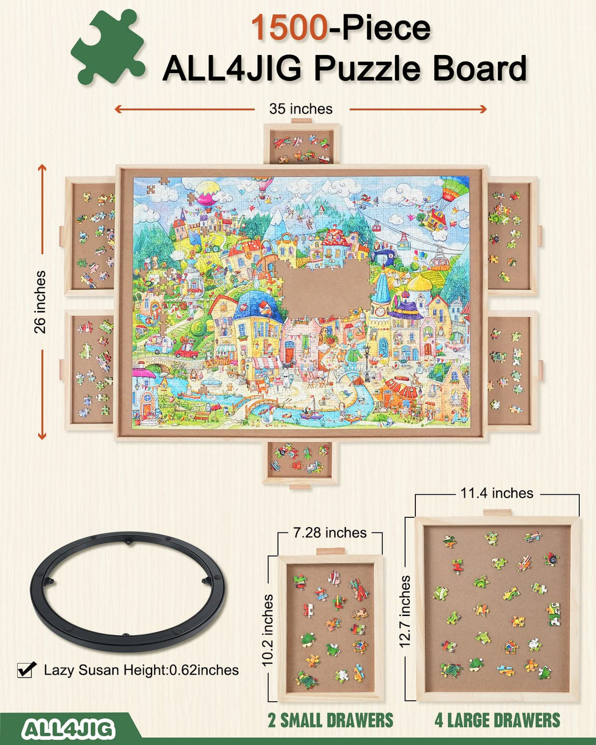 ALL4JIG 1500 Pieces Rotating Puzzle Board with 6 Drawers and Cover,26"x35"Portable Wooden Jigsaw Puzzle Table for Adults,Lazy Susan Spinning Puzzle Boards Birthday Gift for mom ALL4JIG