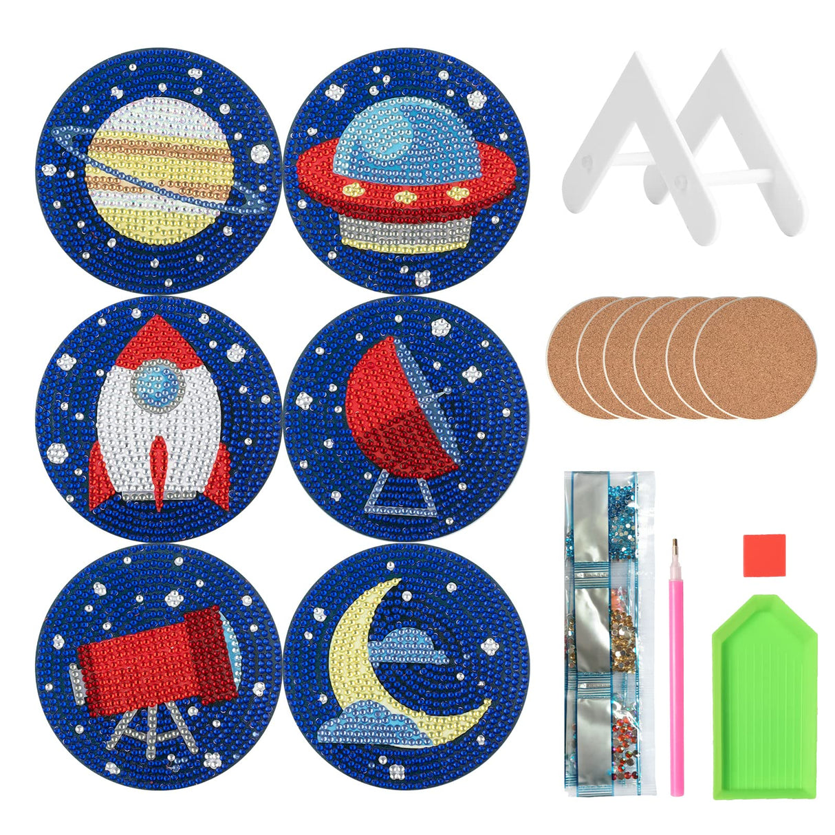 6 Pcs Starry Sky Diamond Art Acrylic Coasters with Cork Base and Holder, DIY 5D Diamond Painting Coasters Kit for Adults, Planet Rocket Moon Spaceship Design, Creative Table Decor Crafts antor