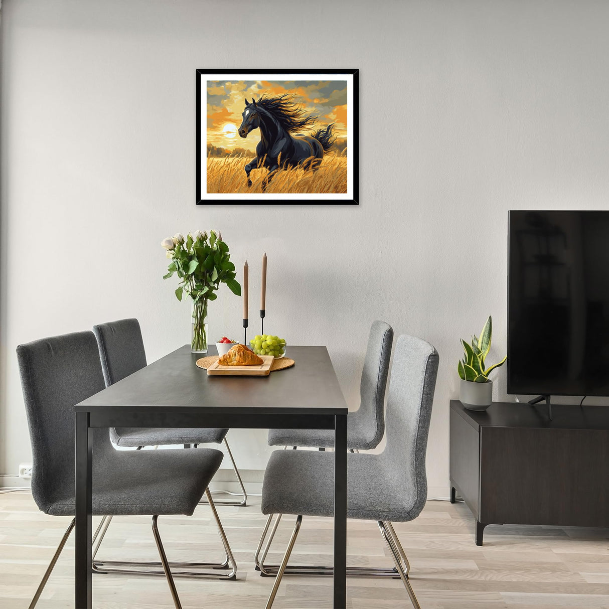 Horse Running in the Wheat Field Paint by Numbers Kit for Adults Beginner, Black Horses in Sunset Scenery Paint by Numbers, Horse with Flying Mane Oil Painting for Home Decor(16×20inch, Unframe) ARNLRDYA