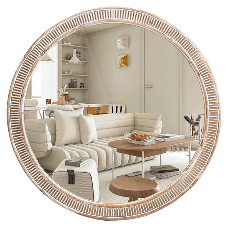HOITUZYUS 24 inch Round Wood Mirror Farmhouse Wall Mirror with Wooden Frame Wood Frame Boho Circle Mirrors Accent Mirror for Bathroom,Bedroom, Living Room, Foyer HOITUZYUS