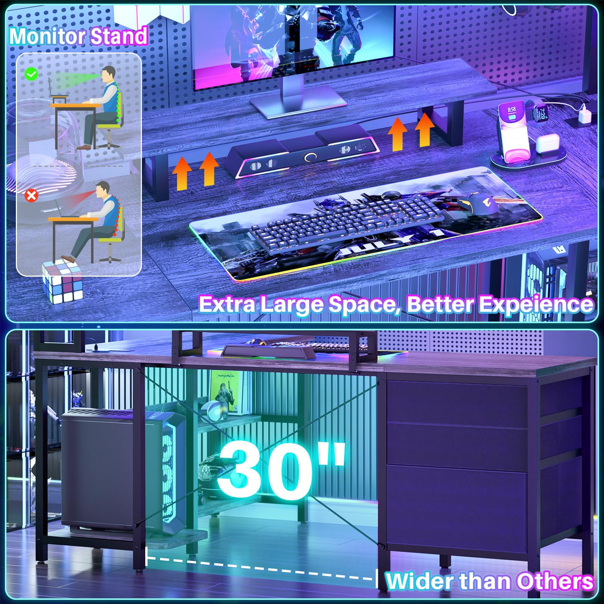 Aheaplus L Shaped Desk with Hutch, Gaming Desk with Led Lights, Reversible Computer Desk with Power Outlet, Corner Desk with File Drawer & Monitor Stand, Storage Shelves for Home Office, Black Oak Aheaplus