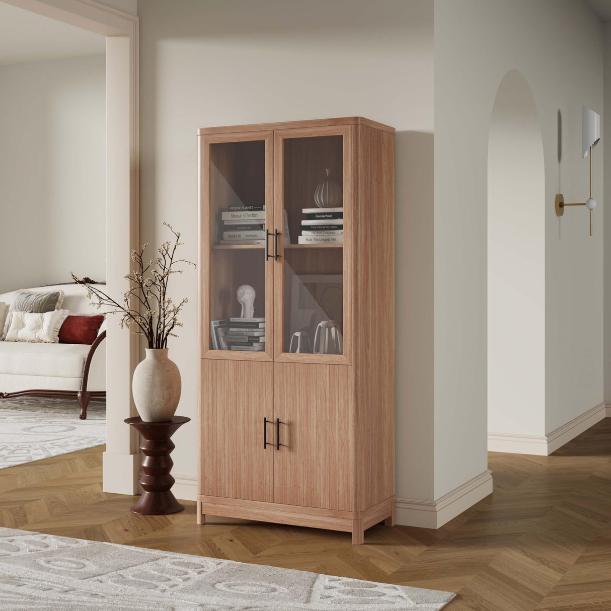 Manhattan Comfort Jodie Bookcase with 6 Adjustable Shelves, Tempered Glass Doors and Ribbed Wood Accents, Mid-Century Modern Book Shelf for Home Office & Living Room Storage, Set of 1, Maple Manhattan Comfort