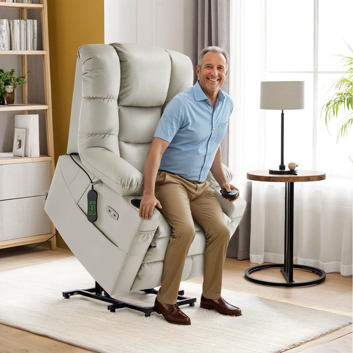 MCombo Large Triple Motor Power Lift Recliner Chair with Massage and Dual Heating, Adjustable Headrest for Tall Elderly People, Faux Leather 7634 (Light Grey, Large) MCombo