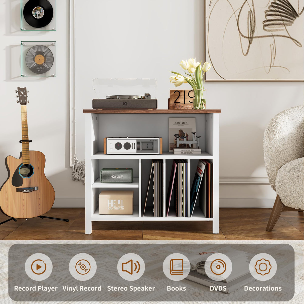 Record Player Stand, Mid-Century Vinyl Record Storage Cabinet, 3-Tier Record Player Holder, Turntable Stand with 4 Cabinet up to 220 Albums, End Table for Bedroom Music Room Living Room, White FFBCFDK