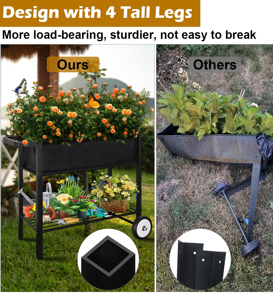 Koutemie Outdoor Raised Planter Bed Box with Legs for Gardening, Elevated DIY Garden Cart on Wheels for Vegetables Flower Tomato Herb Plant, Black Koutemie