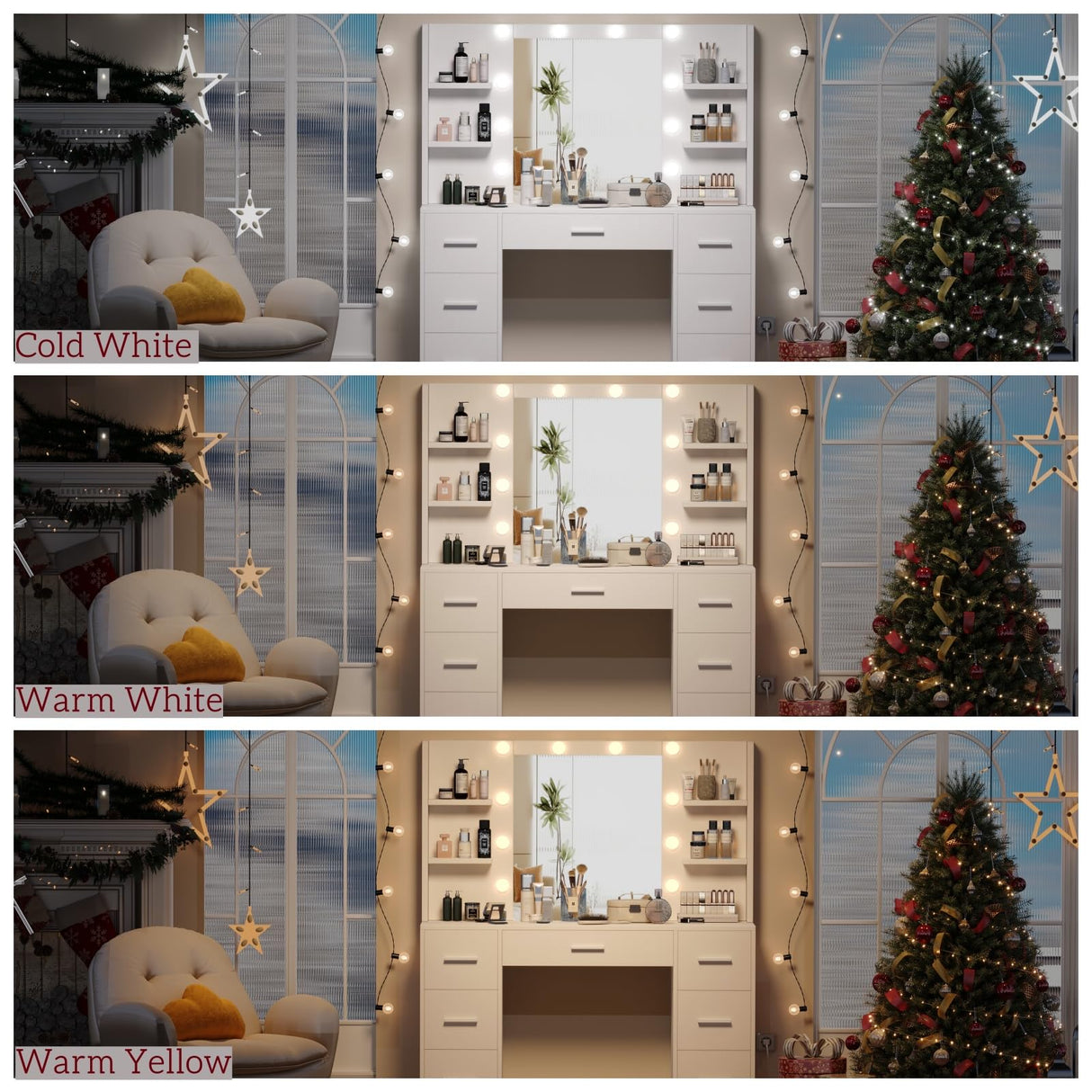 Irontar Vanity Desk, Makeup Vanity with 10 LED Lights & 7 Metal Sliding Drawers, Brightness Adjustable, Vanity Table with 6 Open Shelves, Makeup Table for Women, White WDT005W Irontar