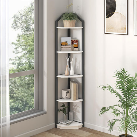 5-Tier Rustic White Corner Bookshelf - Multifunctional Storage and Display Stand Fun Memories