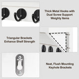 Lwenki Wall Key Holder with Shelf, Rustic Shelf with Hooks Made of Paulownia Wood Holds Keys, Dog Leash, Bags and More - 13.7" W x 4.7" H x 3.5" D Decorative Key Hanger and Entryway Shelf (White) Lwenki