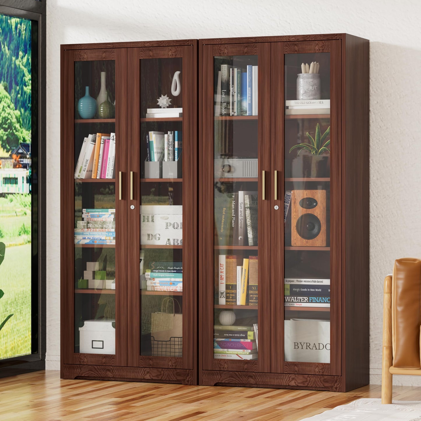 UNICOLY Storage Cabinet with Doors and Shelves, Display Cabinet with Glass Doors, Pantry Cabinet, Curio Cabinet with Locking Doors, Metal Storage Cabinet for Kitchen,Living Room 71” H Brown