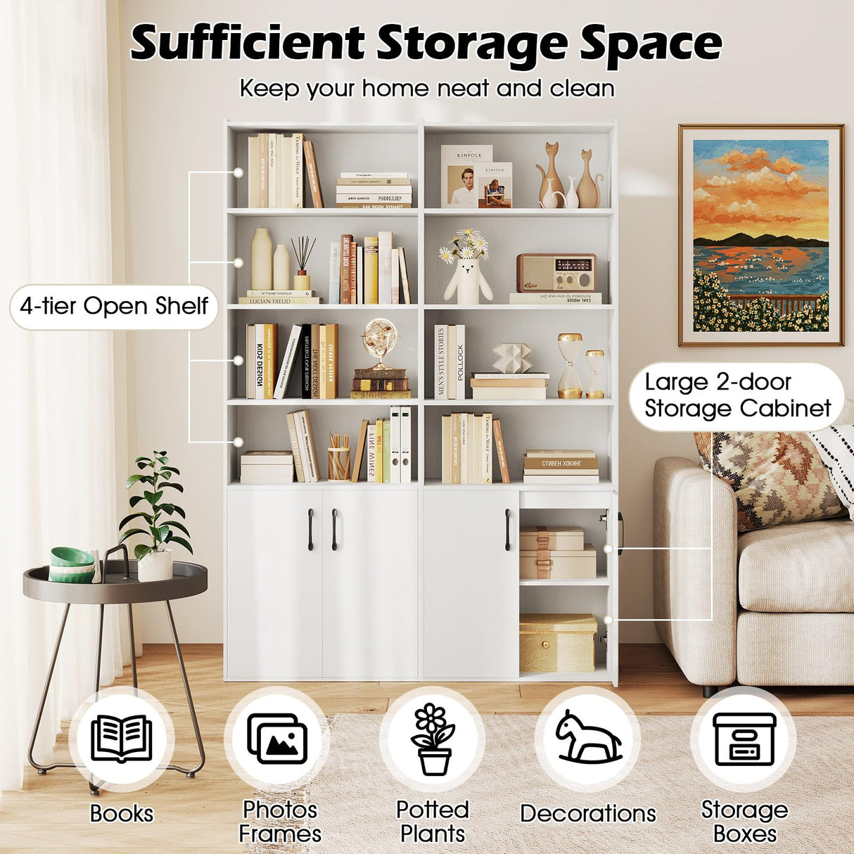 Giantex 70" Bookcase with 2 Doors, 6-Tier Modern Bookshelf w/Cabinet, Elegant Storage Cabinet, Adjustable Shelves, Multipurpose Display Rack, Storage Organizer for Living Room Bedroom Study (White) Giantex