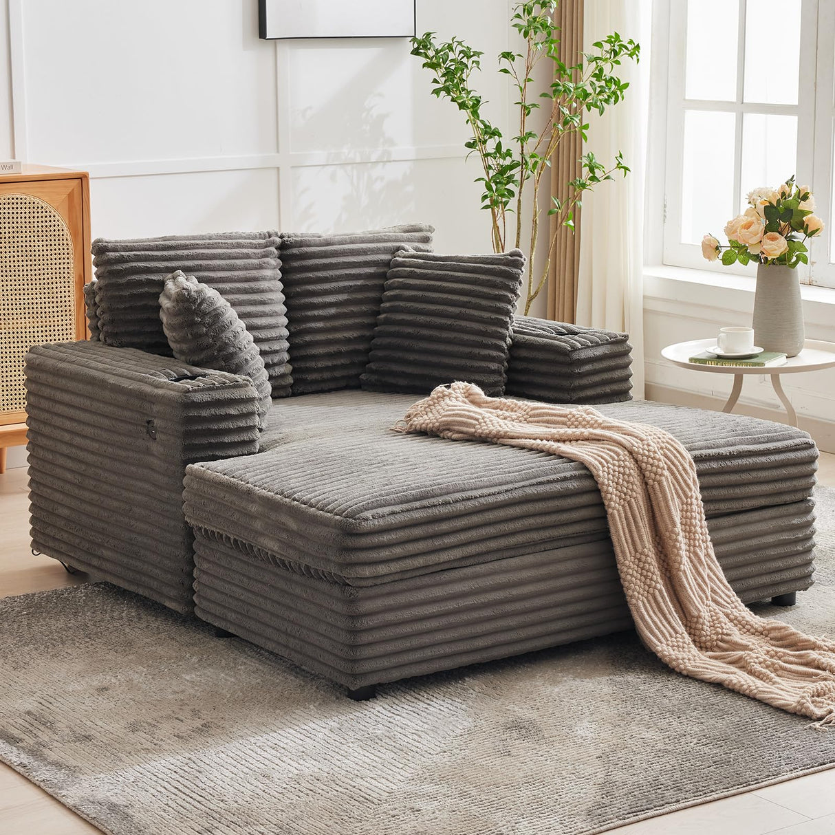 Klysiora Oversized Chaise Lounge Chair Indoor, 60 Inch Upholstered Sofa Bed with Throw Pillows and Armrests, Comfy Corduroy Sleeper Couch for Living Room, Bedroom, Office, Grey Klysiora