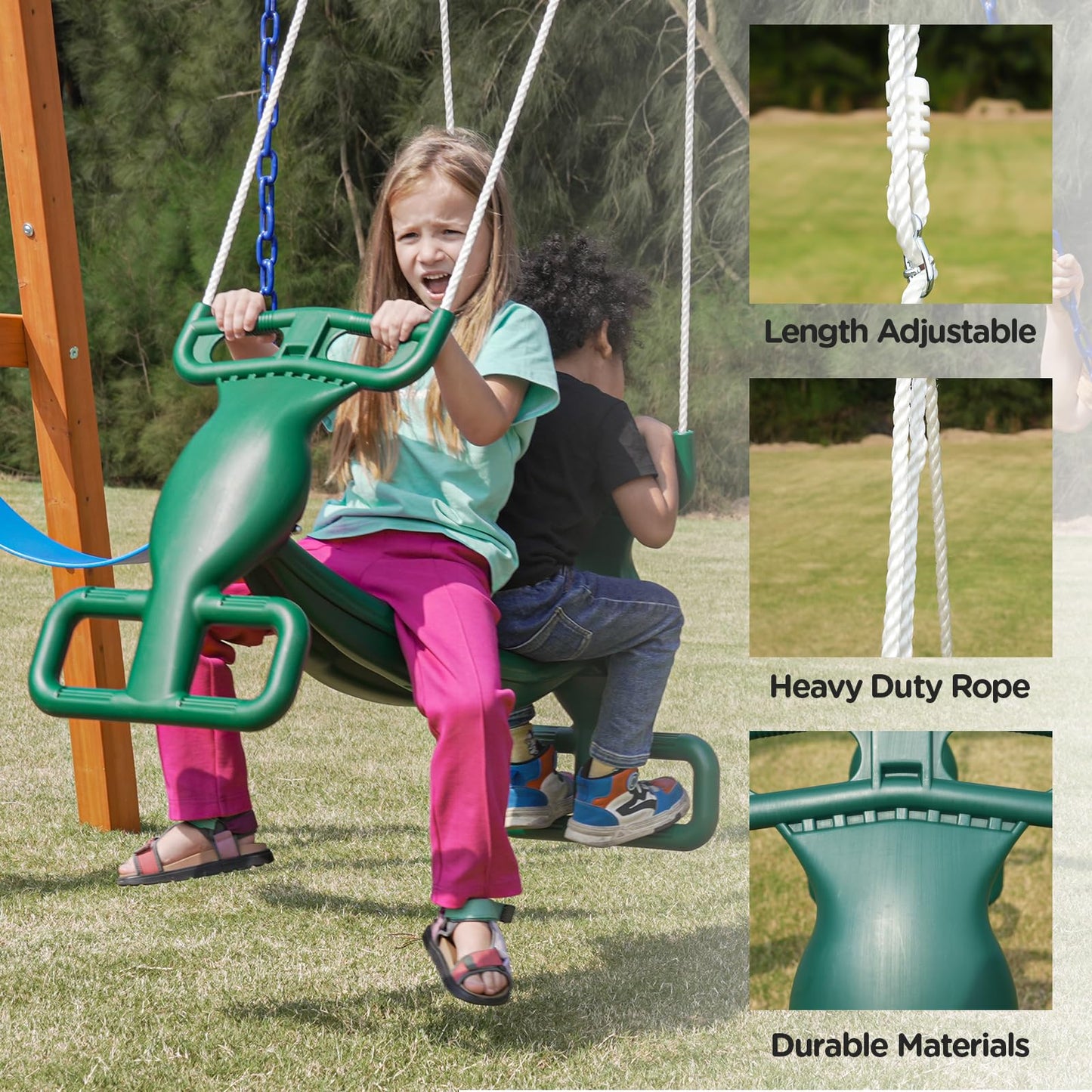 Dolphin Playground DIY Swing Sets for Backyard, Wooden Playground Sets for Backyards with Glider Swing and 2 Belt Swings, Kids Outdoor Play Equipment, Outdoor Playset for Any Swing Replacements