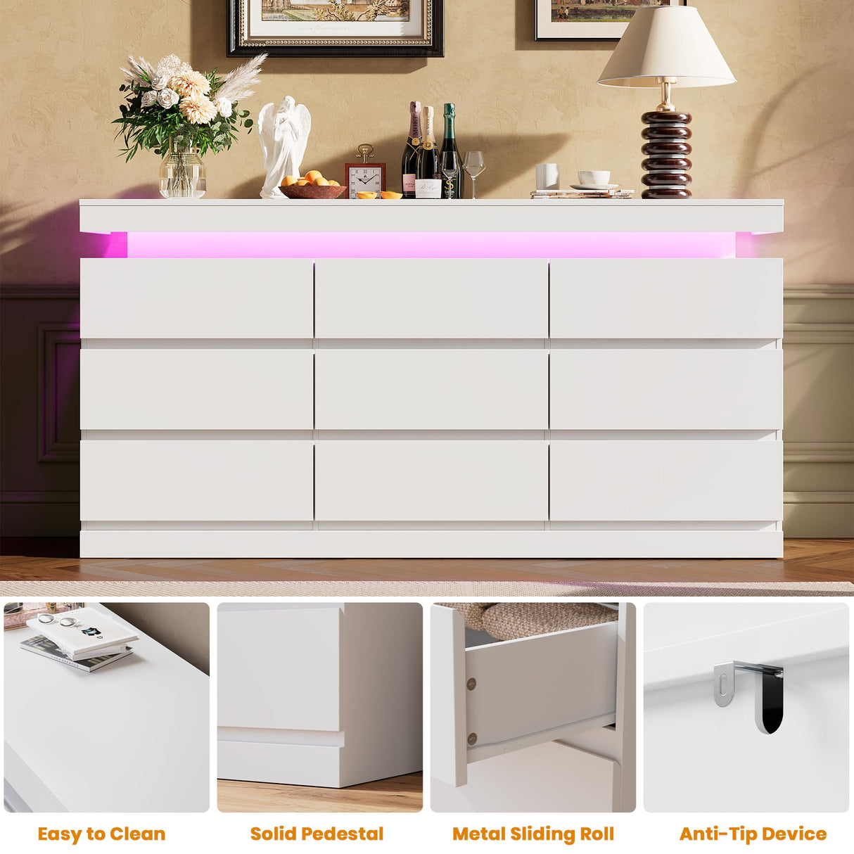 Garvee 9 Drawer Dresser for Bedroom - 63” Wide Chest of Drawers with LED Light and Charging Station, Large TV Stand Multi-Function Home Organizer for Living Room, Entryway, Hallway, White Garvee