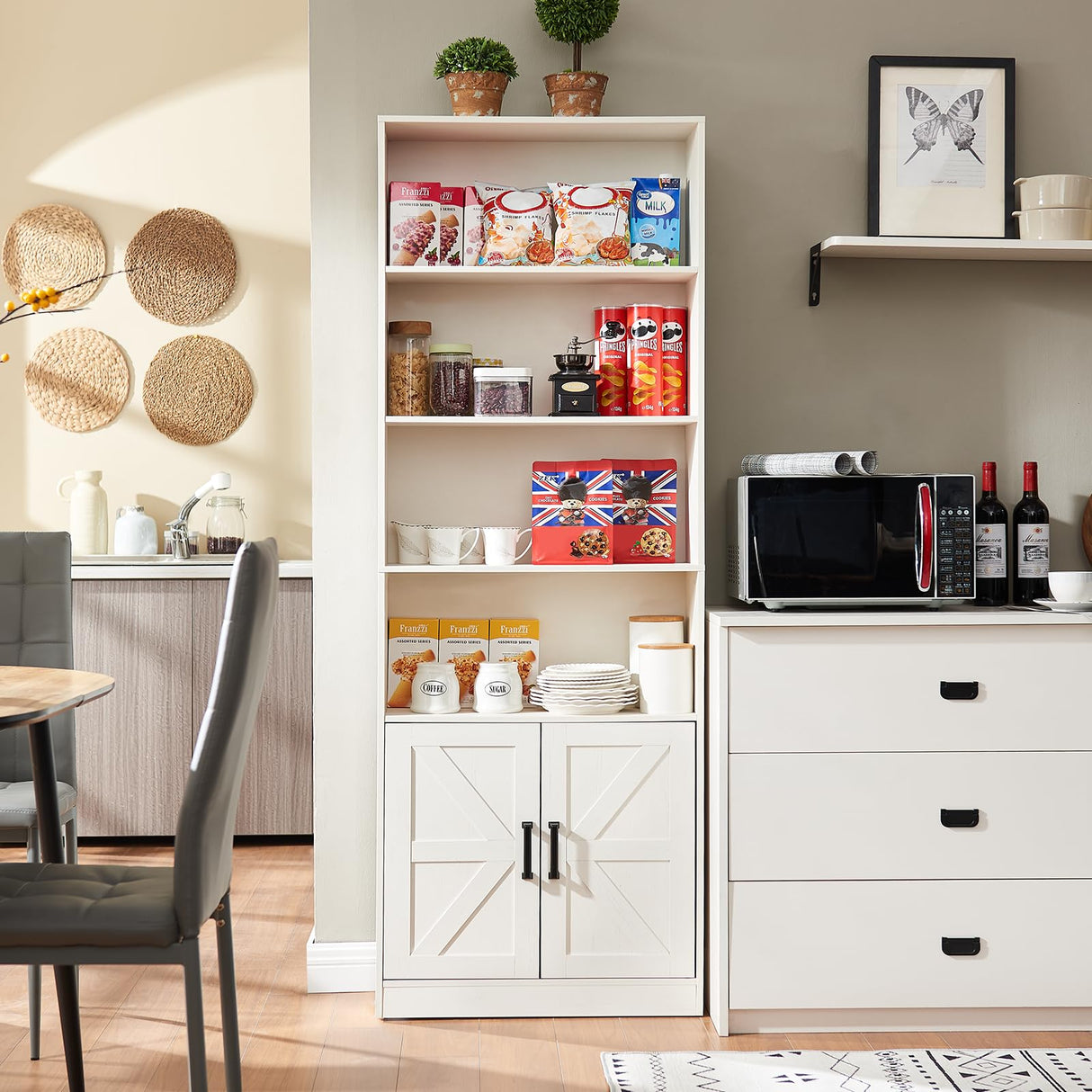 RWYHG 70in Tall Bookshelf 6 Tier Bookcase with Barn Doors and Adjustable Shelf, White Farmhouse Book Shelves with Storage Cabinet RWYHG