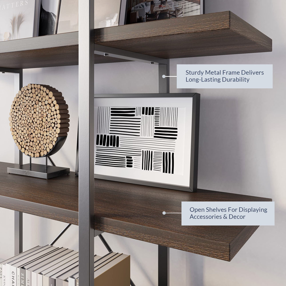 BELLEZE 70-Inch Dark Walnut 5-Tier Industrial Bookshelf with Metal Frame BELLEZE